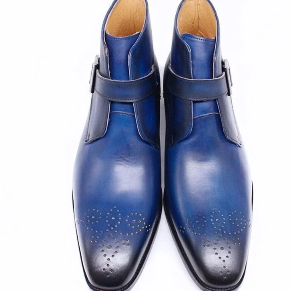 Men's leather boots buckle Chelsea pointed toe trendy high-top leather shoes